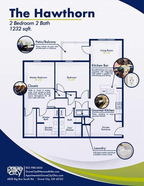 Floor plan for 2 beds, 2 baths, 1232 sqft